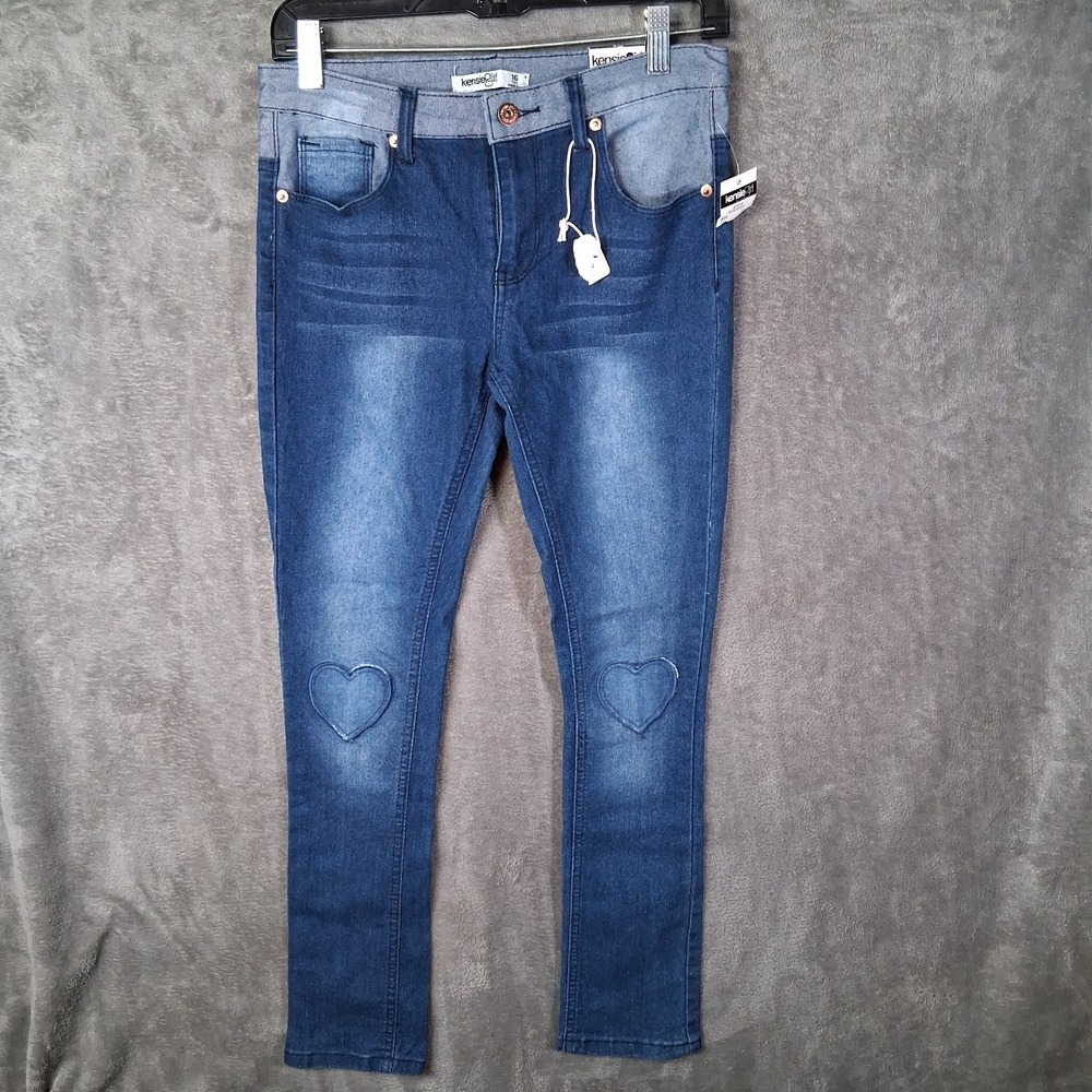 New Kensie Girl Jeans Women's Size 16 Petite Slim Heart Embroidered 2 Tone 30x28